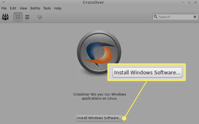 CrossOver ChromeOS -päävalikko, jossa Asenna Windows -ohjelmisto korostettuna