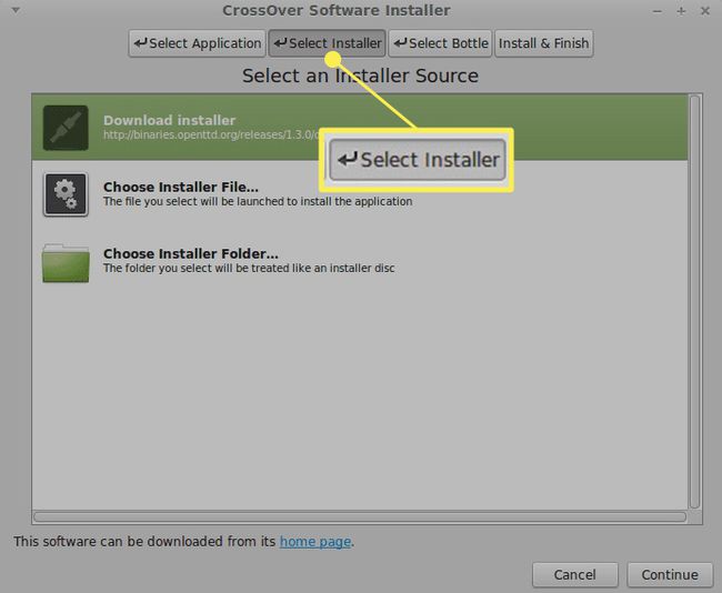 Valitse asentaja CrossOver-valikosta ja Select Installer korostettuna