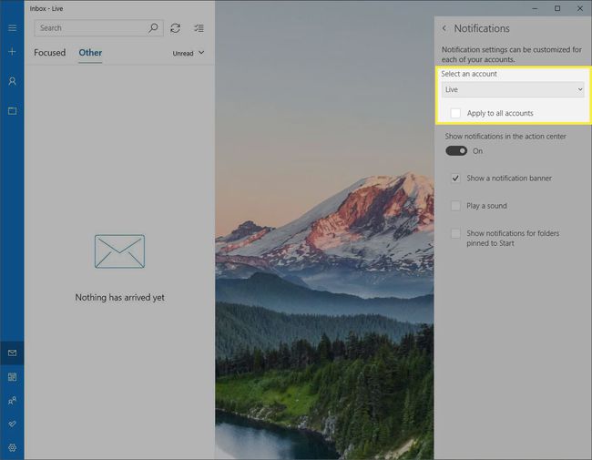 Tilin valinta Windows Mailin ilmoitusasetuksissa