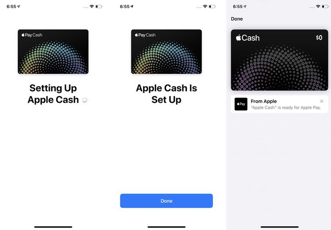 Kuvakaappaukset Apple Pay Cash -asetuksen kolmesta viimeisestä vaiheesta