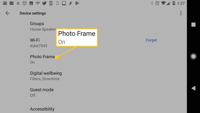Asetussivu Google Home -laitteelle, jossa on valokuvakehys valittuna
