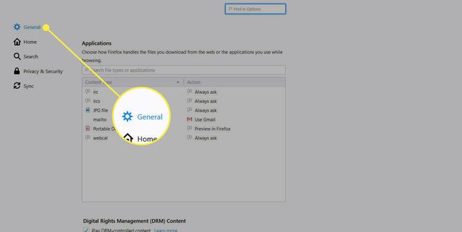 Firefox-asetukset, joissa otsikko Yleistä on korostettuna
