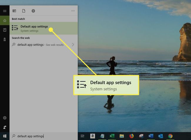 Kuvakaappaus Windows 10:stä, jossa oletussovelluksen asetukset on korostettuna