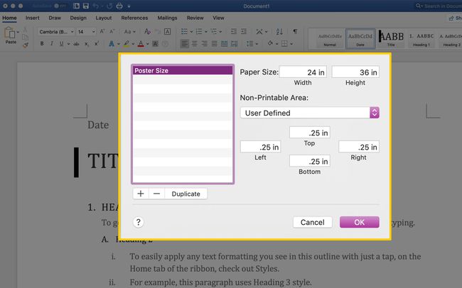 Mukautetut paperikoon määritelmät Wordille macOS:ssä