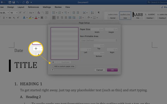 Lisää uusi mukautetun koon plus -kuvake Word macOS -sivun asetuksiin