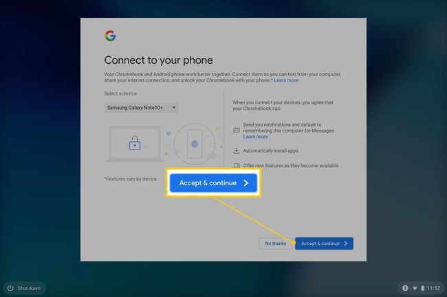 Päätä, haluatko yhdistää puhelimesi Chromebookiisi.