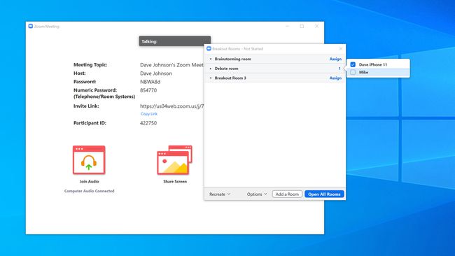 Windows 10 Zoom -sovellus, jossa Breakout Rooms -ikkuna on auki.