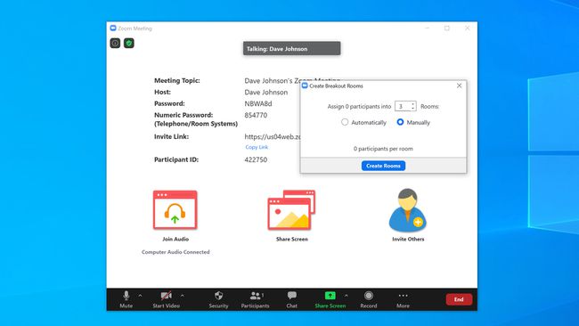 Windows 10 Zoom -sovellus, jossa Luo Breakout Rooms -ikkuna on auki.