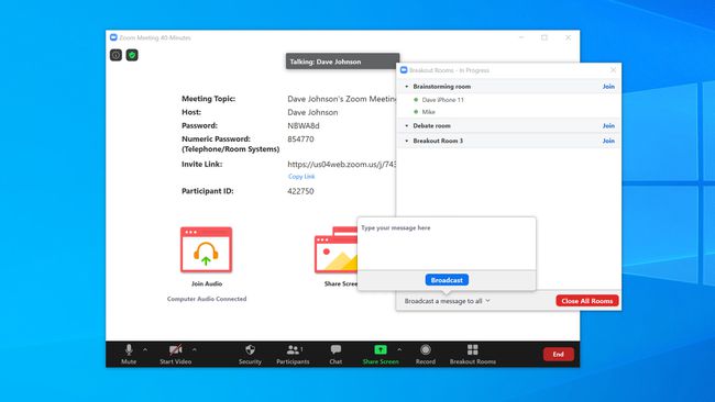 Breakout Rooms -isäntänäkymä Windows 10 Zoom -sovelluksessa.