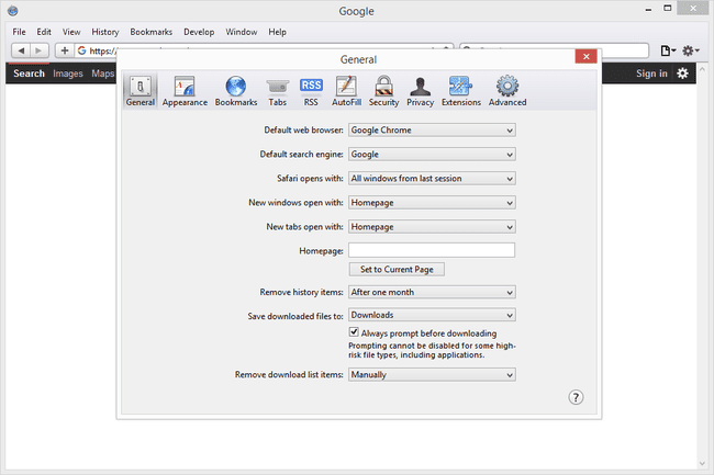 Safarin yleiset asetukset Windowsissa