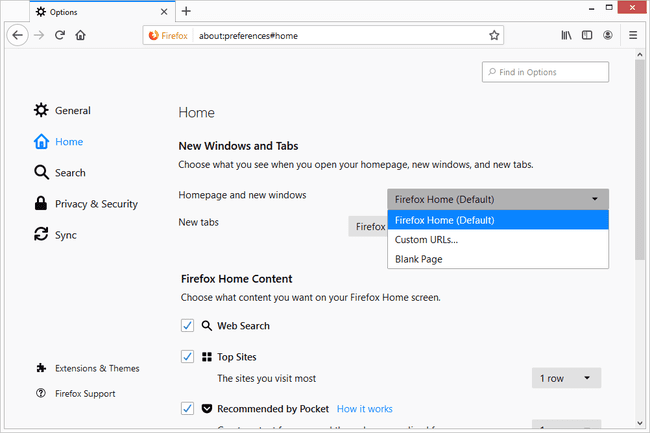 Etusivun vaihtoehto Firefoxissa