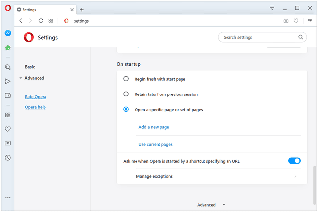 Opera käynnistysasetuksissa