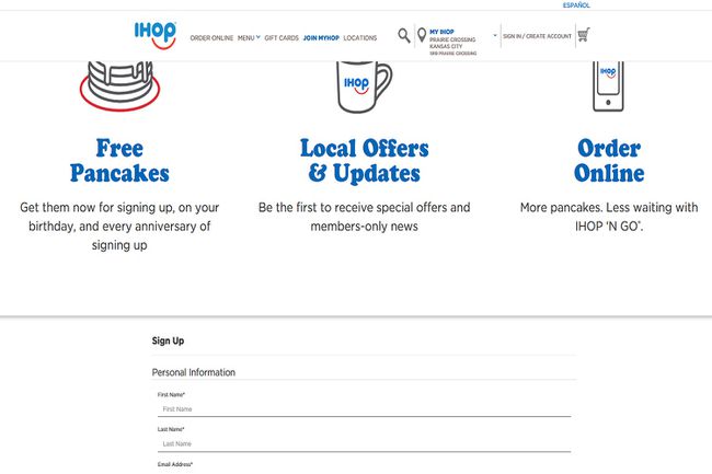 Kuvakaappaus IHOP:n MyHop-kirjautumissivusta.  MyHopille rekisteröityneet asiakkaat voivat saada ilmaisia ​​pannukakkuja rekisteröitymällä.