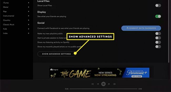 Näytä lisäasetukset Korostettuna Spotify for Macin asetusalueella. 