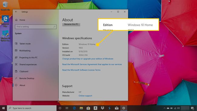 Tietoja Windows 10 -näytöstä, jossa painos on korostettuna