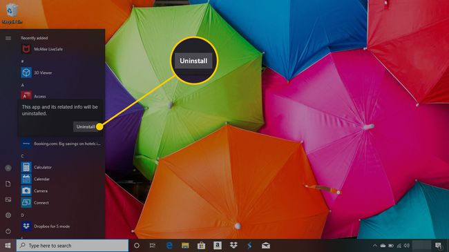 Windows 10:n vahvistusikkuna, jossa Uninstall-painike on korostettuna