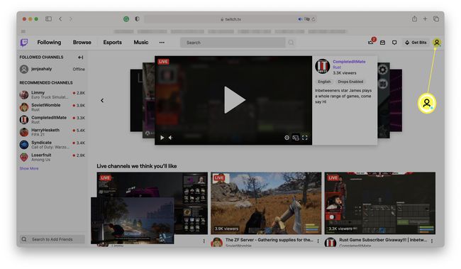 Twitch kotisivulle profiilikuvakuvake korostettuna