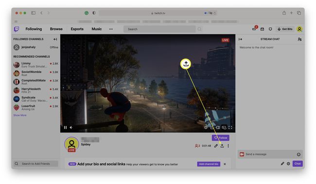 Jaa -kuvake streamiin Twitchissä