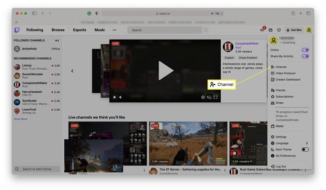 Twitch-kotisivu profiilivalikko auki ja kanava korostettuna