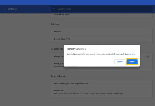 Kuvakaappaus Chromebook Powerwash -valintaikkunasta Käynnistä laite uudelleen