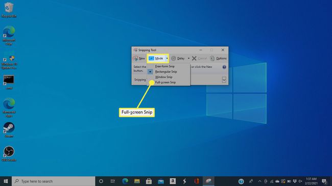 Tila-valikko ja "Snip in full screen" -vaihtoehto Windows 10 Snipping Toolissa