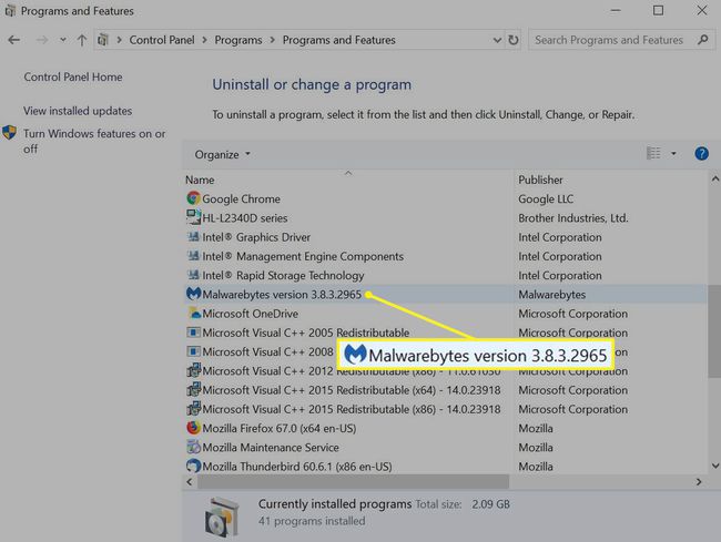 Windowsin luettelo ohjelmista, joissa Malwarebytes on korostettuna