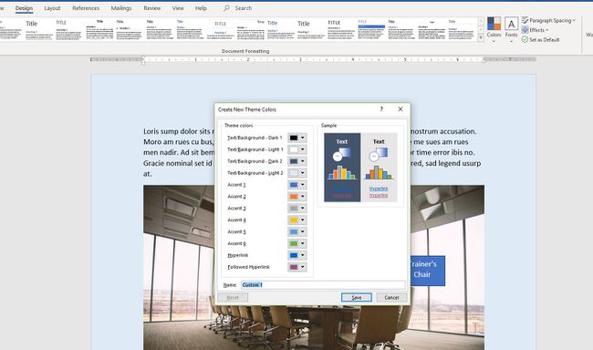Luo uudet teemavärit -valintaikkuna Wordissa