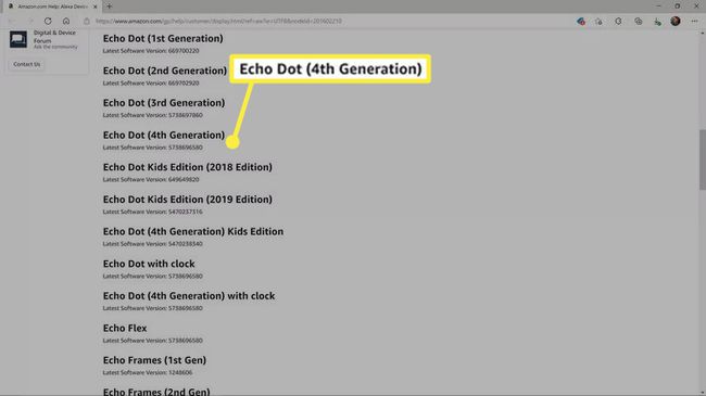 Echo Dot 4. sukupolvi korostettuna Amazon-verkkosivustolla