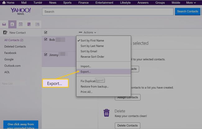 Vie valikkokohta Yahoo Mail Actions -valikossa