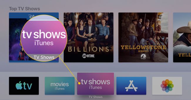 Apple TV:n aloitusnäyttö, jossa iTunes TV Shows -sovellus on korostettuna