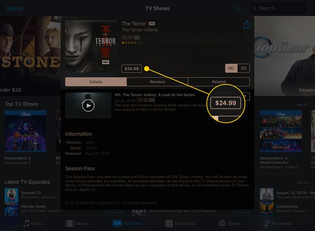 TV-ohjelman sivu avautuu iPadin iTunes Store -sovelluksessa hintapainike korostettuna
