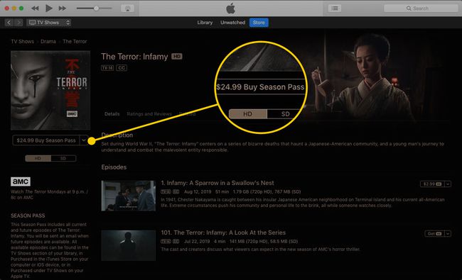 TV-ohjelman sivu iTunesissa, jossa Osta Season Pass -painike on korostettuna