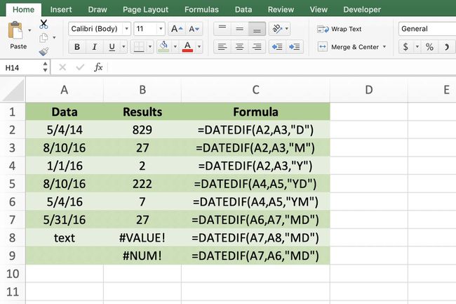 Näyttökaappaus Excelistä, jossa näkyy erilaisia ​​DATEDIF-toimintoja