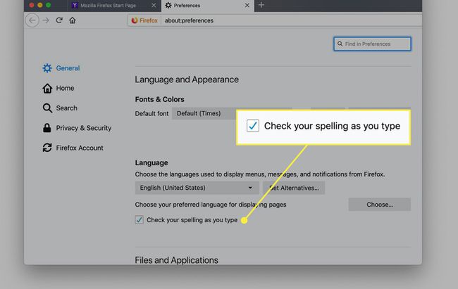Kuvakaappaus Firefoxin asetuksista, jossa on korostettuna Tarkista oikeinkirjoitus kirjoittaessasi