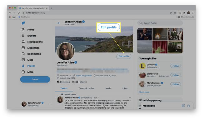 Twitter-profiilisivu, jossa Muokkaa profiilia korostettuna