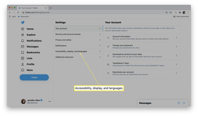 Twitterin asetukset esteettömyys, näyttö ja kielet korostettuina