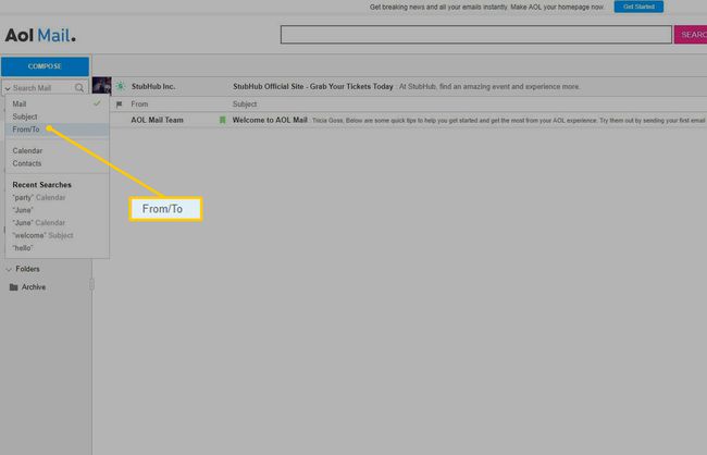 From/to -vaihtoehto AOL Mailissa