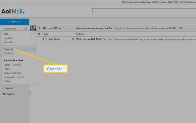 Kalenterivaihtoehto AOL Mailissa