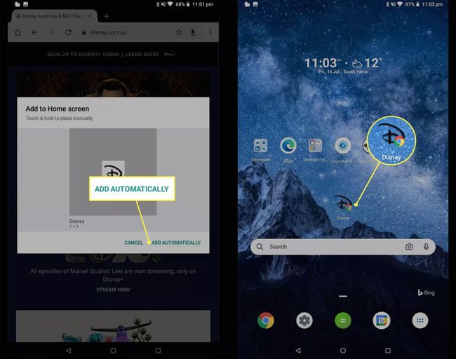 Lisää automaattisesti ja Disney-sivuston linkki Androidin aloitusnäyttöön