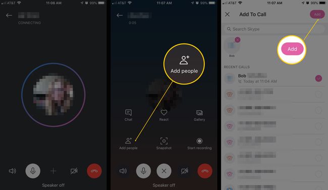 Skype-sovelluksen kolme iOS-näyttöä, joissa on Lisää ihmisiä ja Lisää -painikkeet