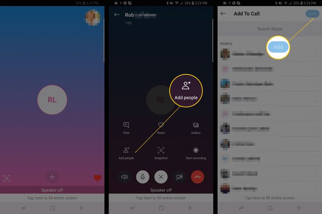 Kolme Android-näyttöä Skype-puhelu- ja Lisää ihmisiä -painikkeella