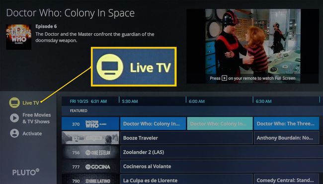 Pluto TV – Live TV -luettelosivu