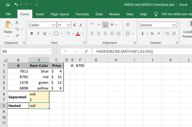 MATCH ja INDEX Excel-funktiot sisäkkäin samassa kaavassa