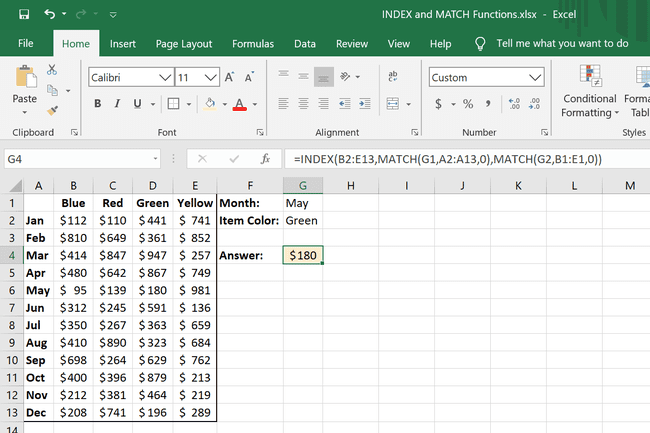 INDEX- ja MATCH-pesäesimerkki Excelissä