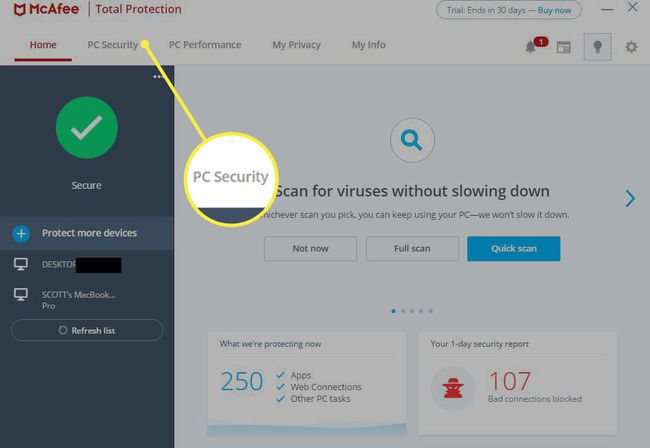 McAfee Total Protection -hallintapaneeli Windows 10:ssä