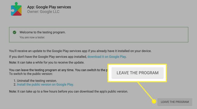 Painike, jota napsauttamalla poistutaan testiohjelmasta Google Playssa.