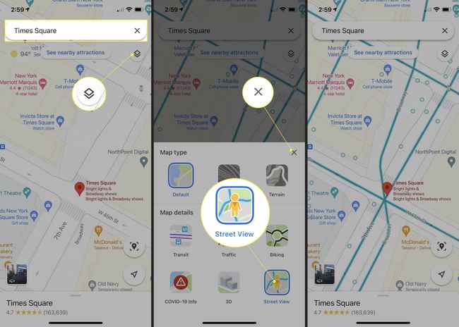 Google Maps, jossa on Times Square hakukentässä, Tasot-kuvake, Street View ja X korostettuina
