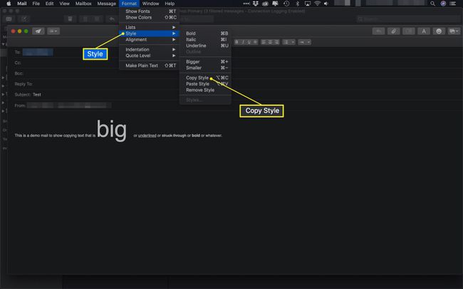 Mac Mail Format -valikko, jossa Tyyli ja Kopioi tyyli korostettuina