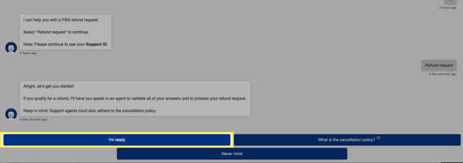 Valitseminen "olen valmis" PlayStation-tukibotista.