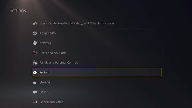 PS5:n päävalikon järjestelmäasetukset valitsemalla Järjestelmä.